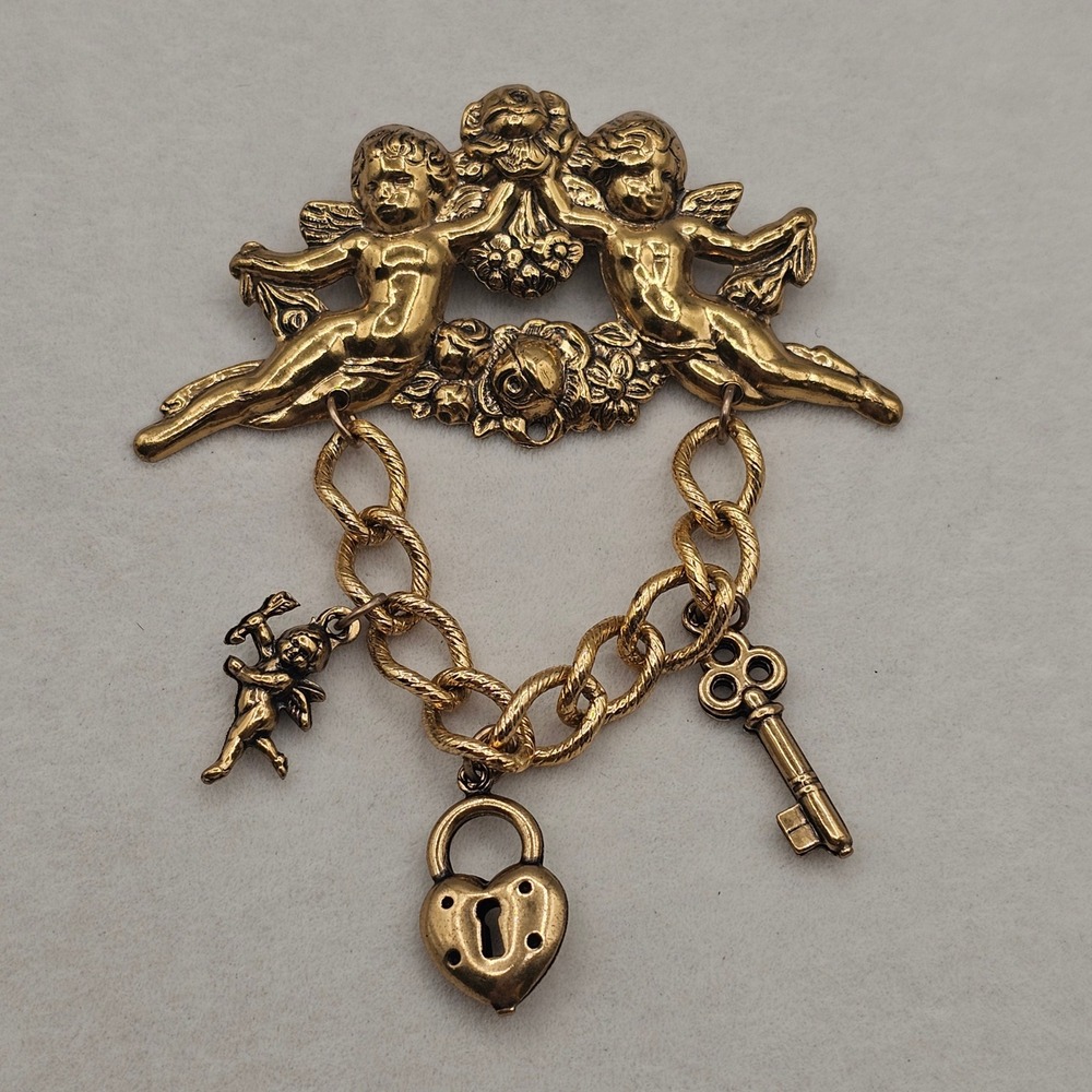 Cherub Heart Charm Valentine Brooch Brass Angels Pin 3" Love